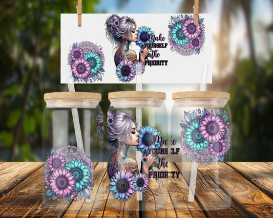 Elegant Floral Design Make Yourself Priority 16oz UVDTF Glass Can Wrap