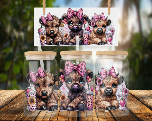 Adorable Baby Cows with Bows 16oz UVDTF Glass Can Wrap