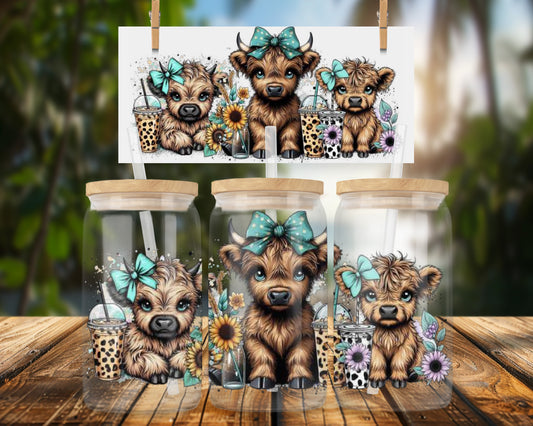 Adorable Highlander Cowheads with Boba 16oz UVDTF Glass Can Wrap