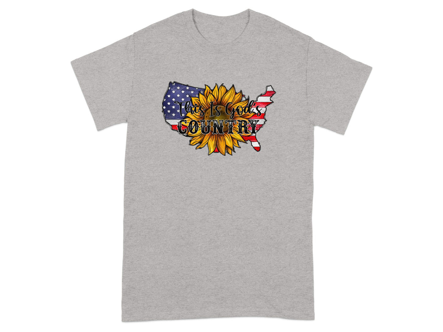 Grey t-shirt with sunflower and USA map graphic reading "This Is God's Country".