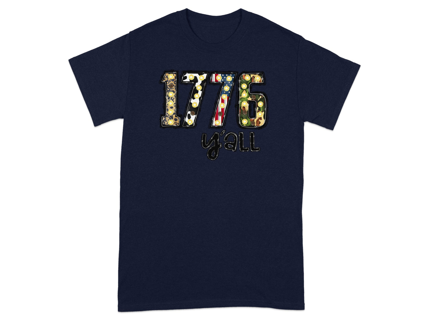 Navy t-shirt with "1776 y'all" graphic in patriotic patterns.