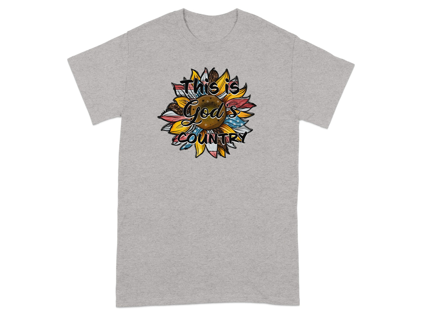 Grey t-shirt with a sunflower graphic and text "This is God's Country".