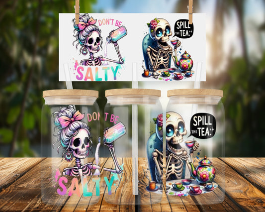 Playful Skeletons with Humorous Phrases 16oz UVDTF Glass Can Wrap