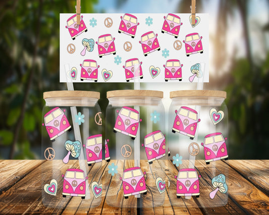 Retro Pink Van Peace Pattern 16oz UVDTF Glass Can Wrap