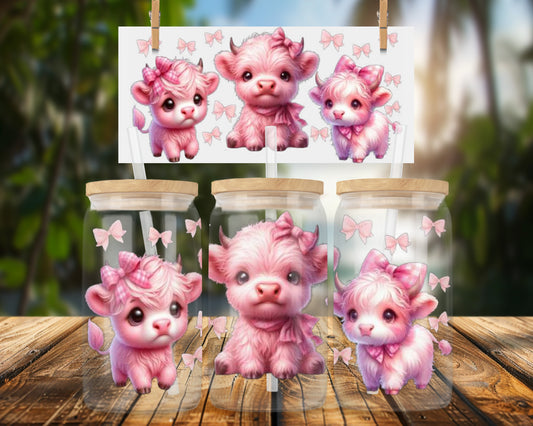 Adorable Pink Baby Cows with Bows 16oz UVDTF Glass Can Wrap
