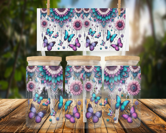 Captivating Mandala Butterflies 16oz UVDTF Glass Can Wrap