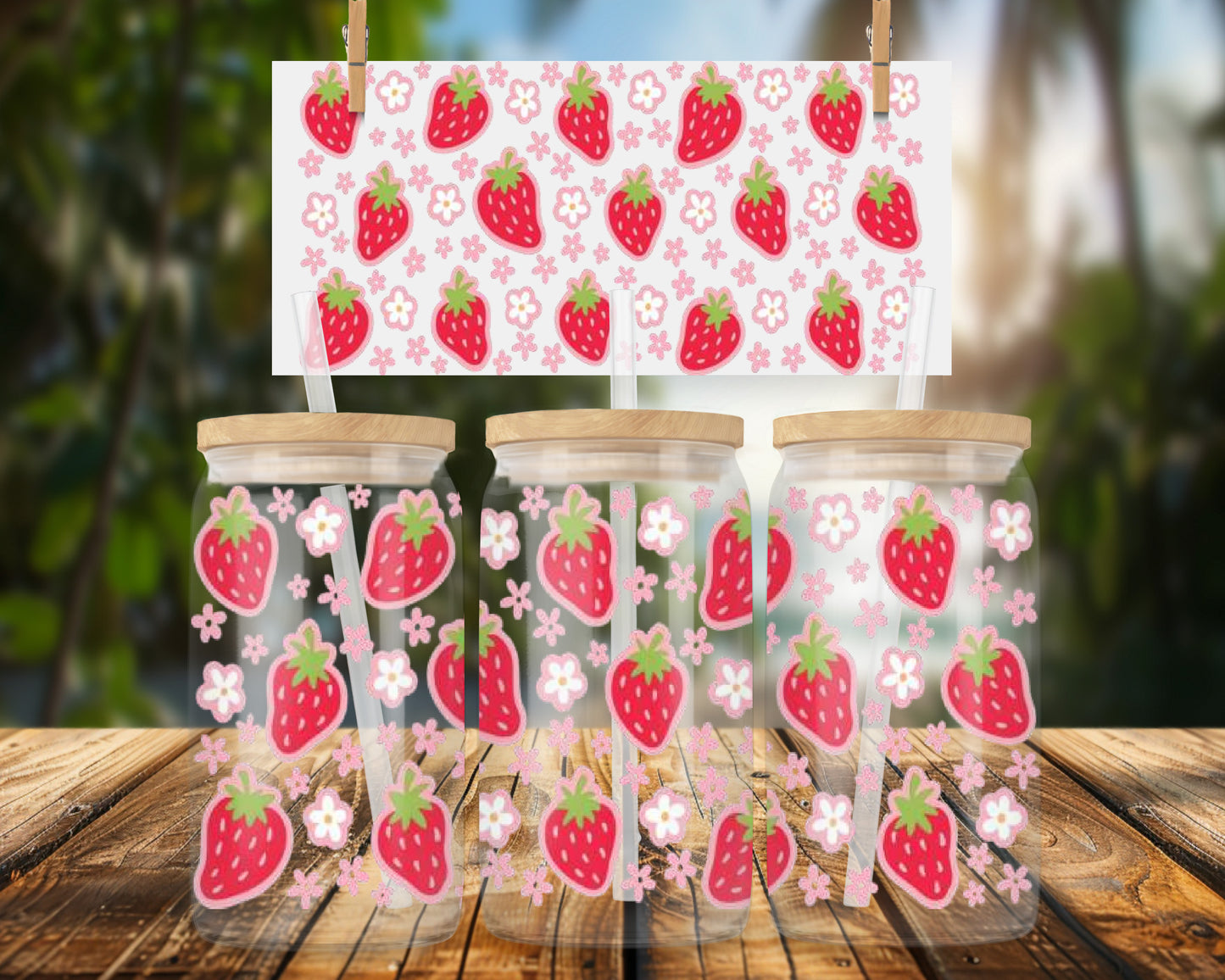 Cute Strawberry Blossom Design 16oz UVDTF Glass Can Wrap