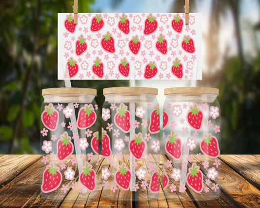 Cute Strawberry Blossom Design 16oz UVDTF Glass Can Wrap