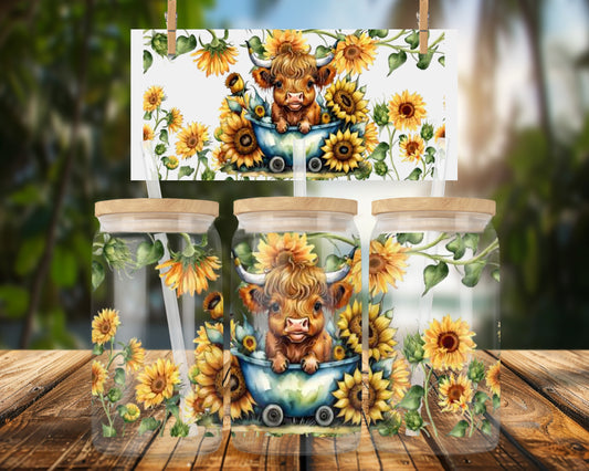 Adorable High-Land Cow With Sunflowers 16oz Glass Can Wrap