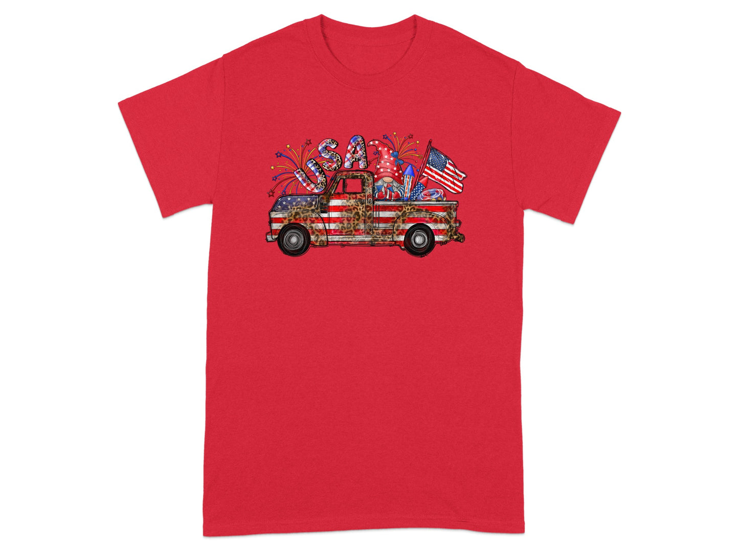 Red t-shirt with a patriotic truck graphic featuring USA text, gnomes, and fireworks.