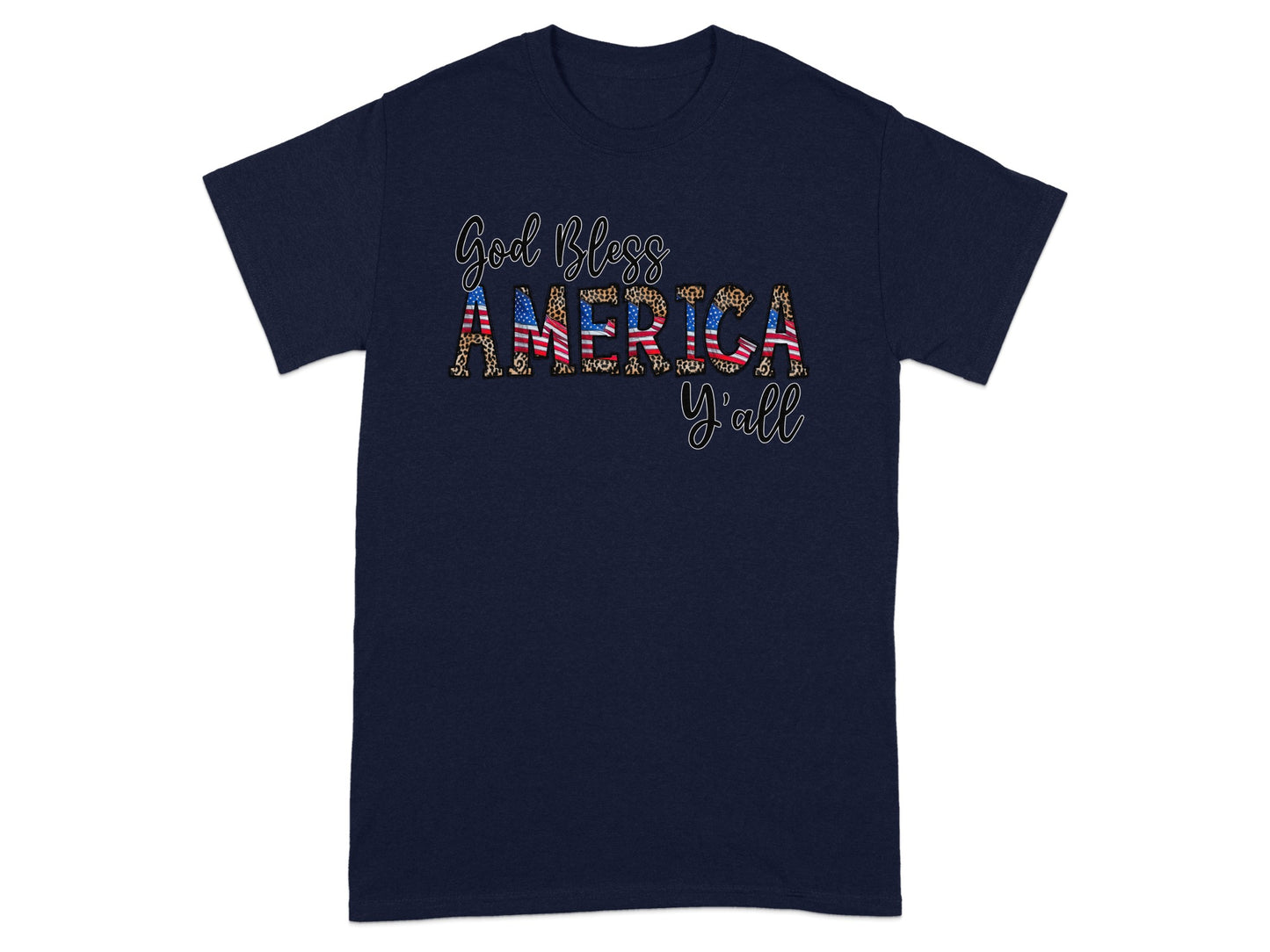 Navy t-shirt with "God Bless America y'all" text in patriotic and leopard print.