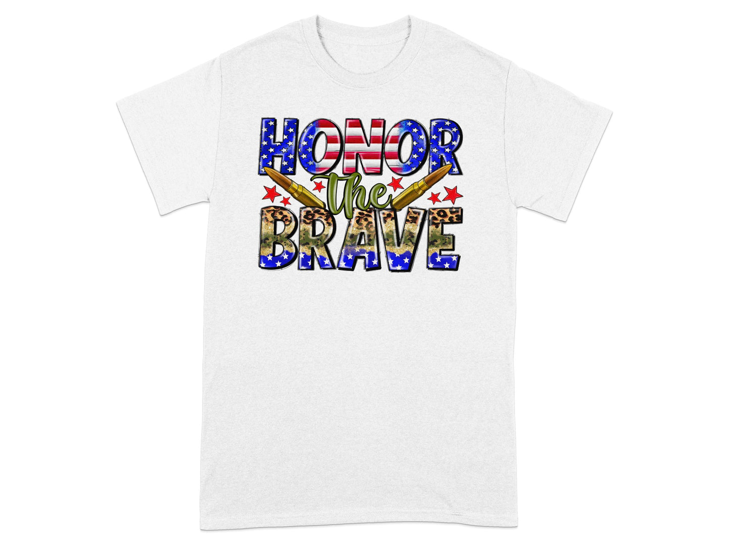 White t-shirt with "HONOR The BRAVE" text featuring American flag and camouflage patterns.