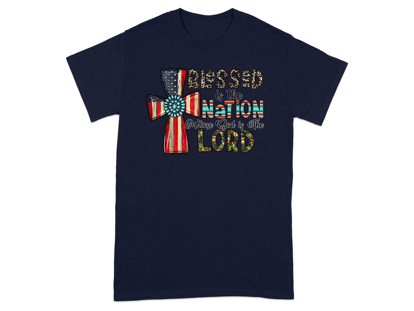 Navy t-shirt with distressed US flag cross and "Blessed is the Nation Whose God is the Lord" text.