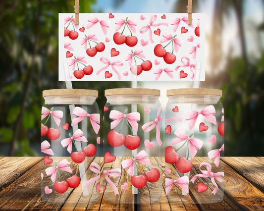 Adorable Cherry and Pink Ribbon Pattern 16oz UVDTF Glass Can Wrap