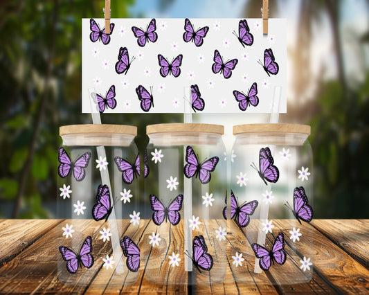 Purple Butterflies and Flowers Design 16oz UVDTF Glass Can Wrap