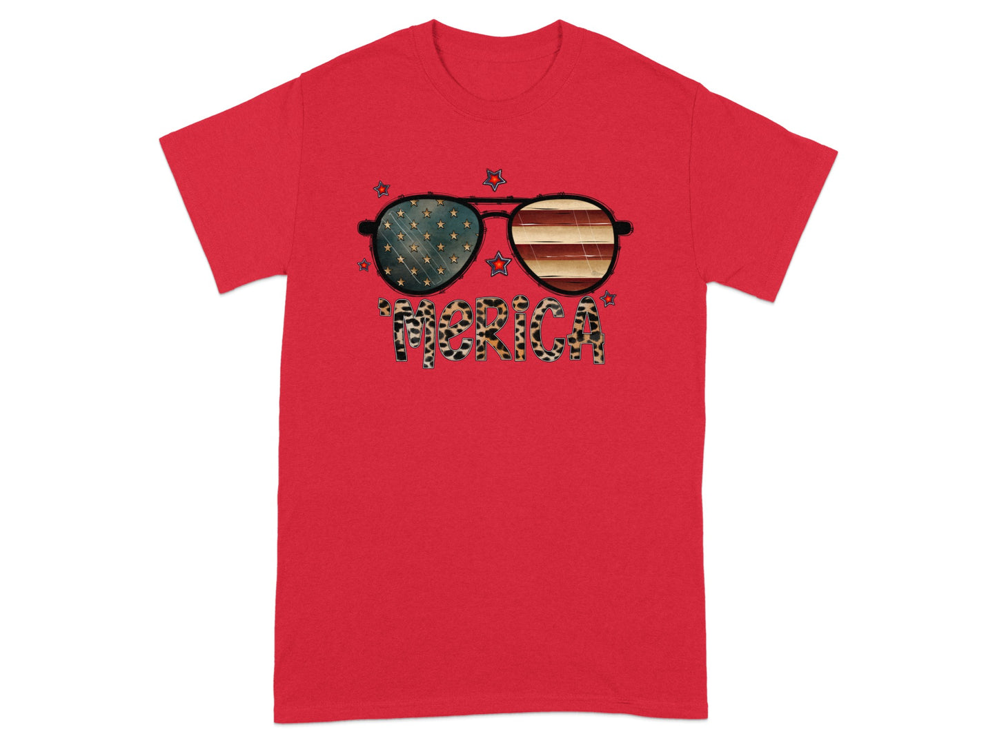 Red t-shirt with patriotic sunglasses graphic and "MERICA" text.
