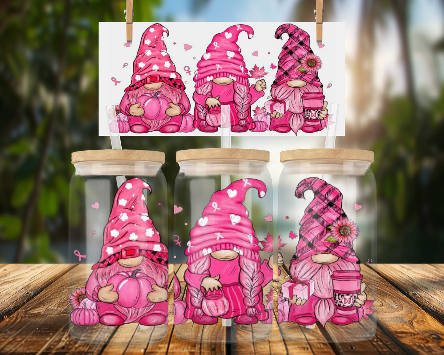 Cute Pink Gnomes Breast Cancer Awareness 16oz UVDTF Glass Can Wrap