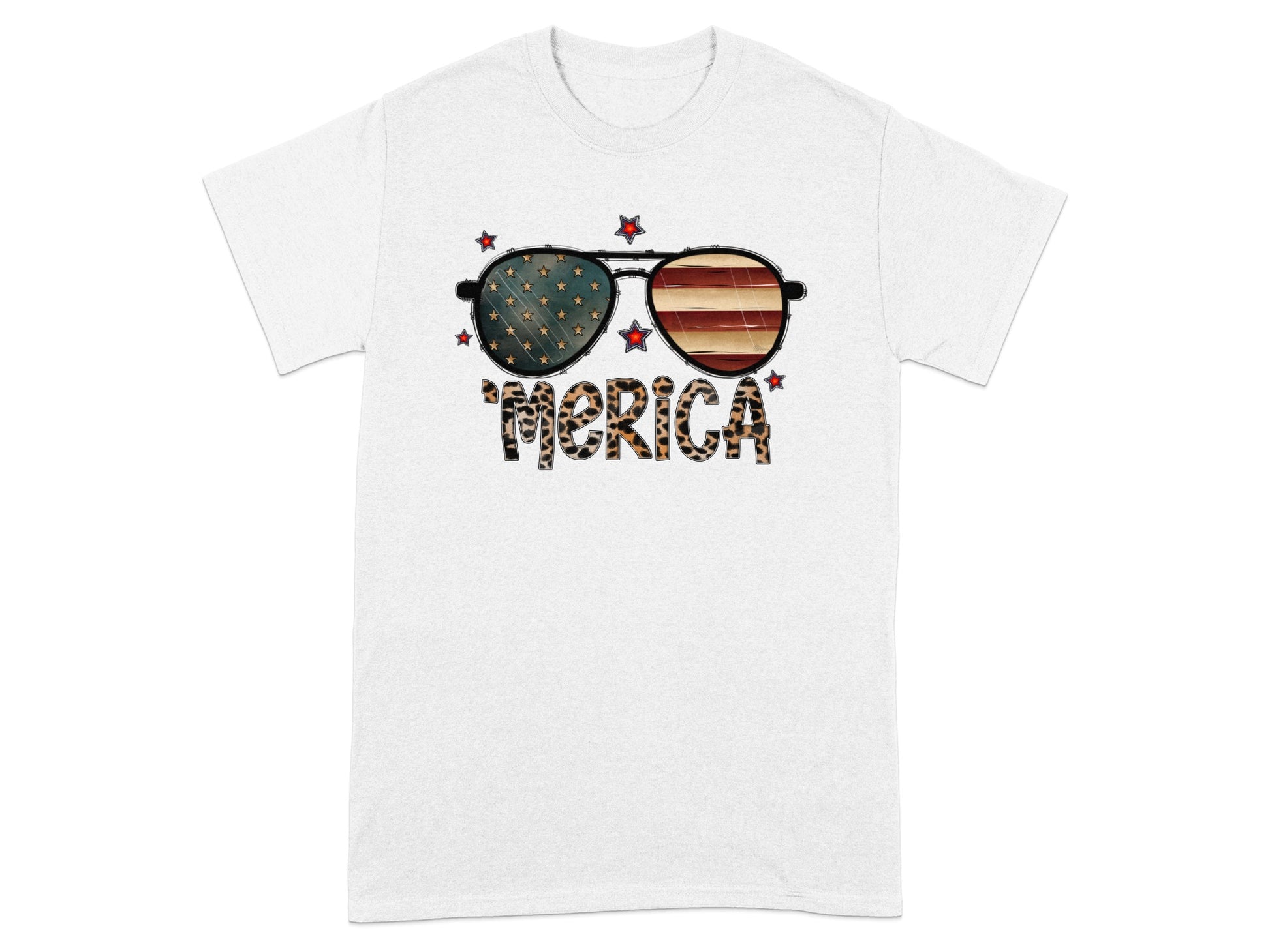 White t-shirt with "MERICA" text and American flag sunglasses graphic.