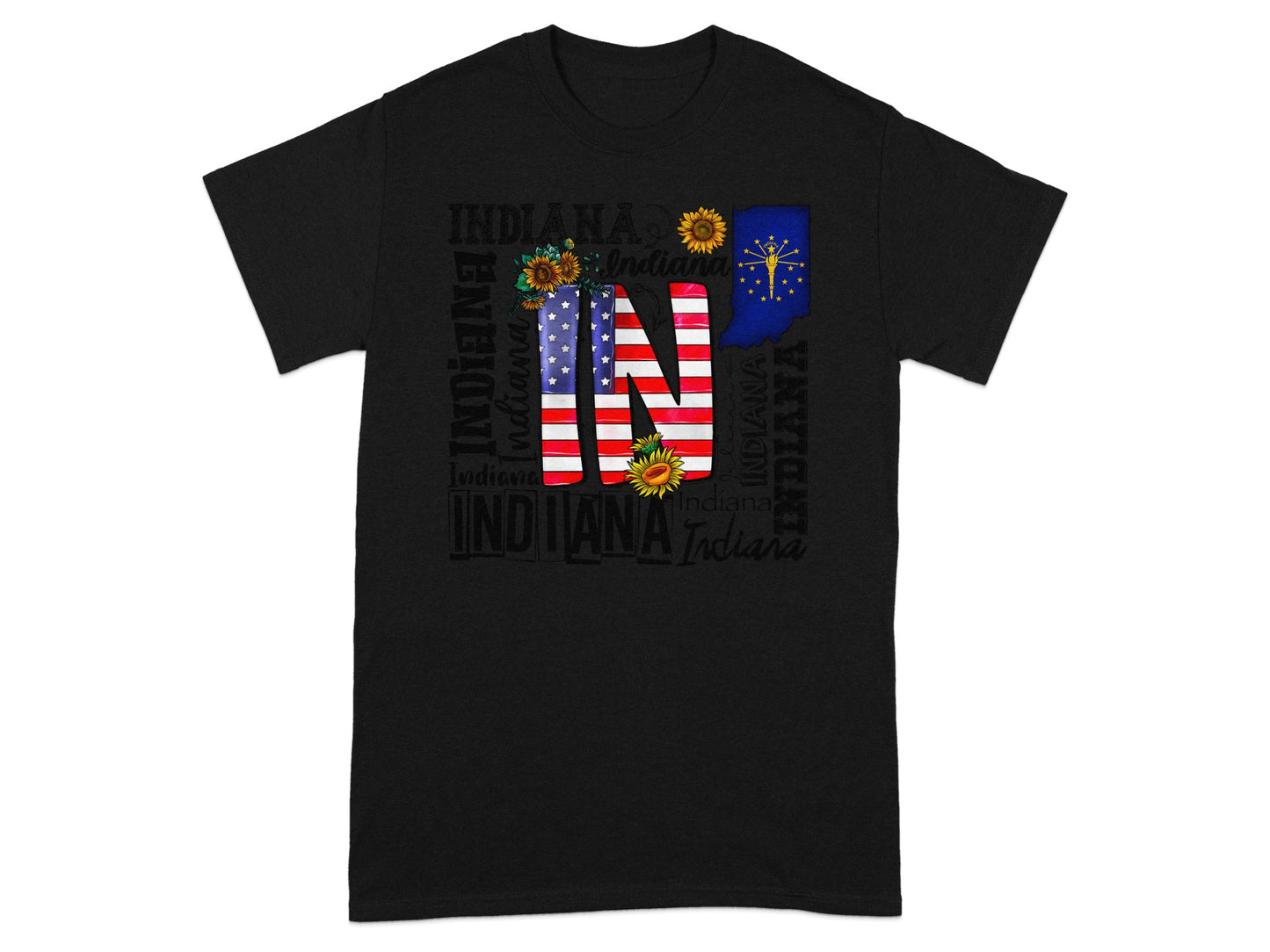 Black t-shirt with Indiana flag, map, and sunflowers forming the letters "IN".
