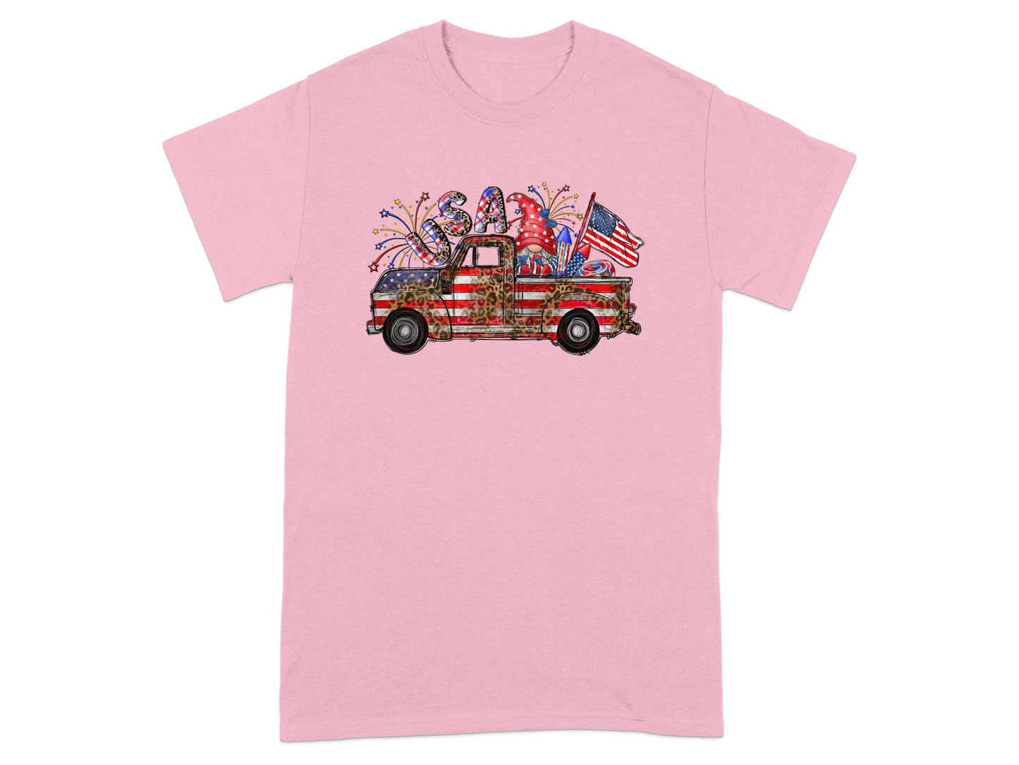 Patriotic gnome in a leopard and flag-print truck with USA letters and fireworks.