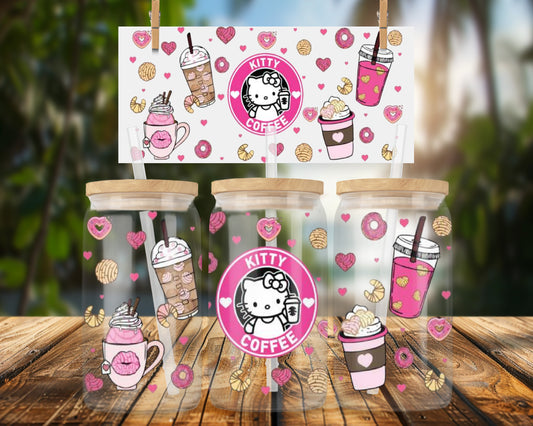 Adorable Kitty Coffee Themed 16oz UVDTF Glass Can Wrap