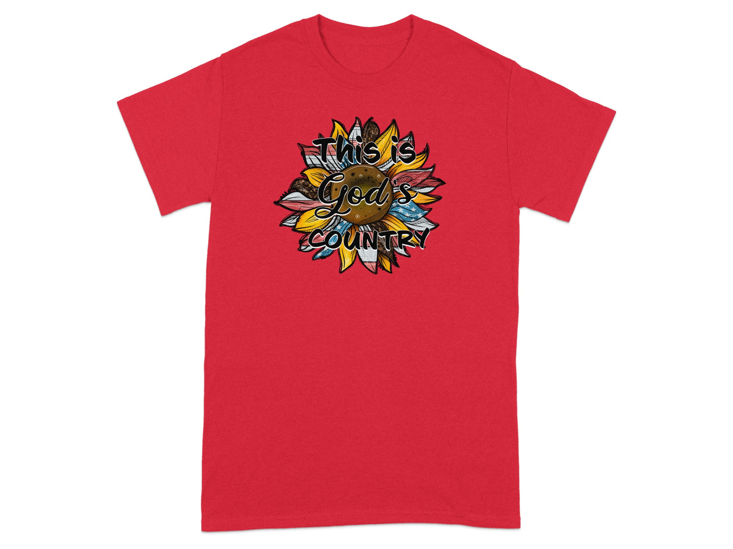 Red t-shirt with a sunflower graphic saying "This is God's Country".