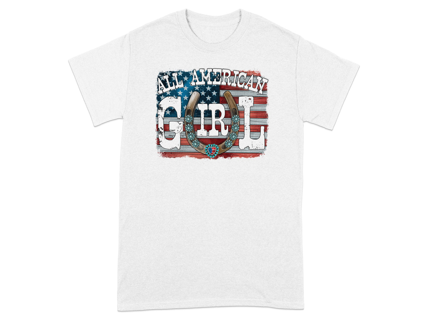 White t-shirt with "All American Girl" text and horseshoe design.