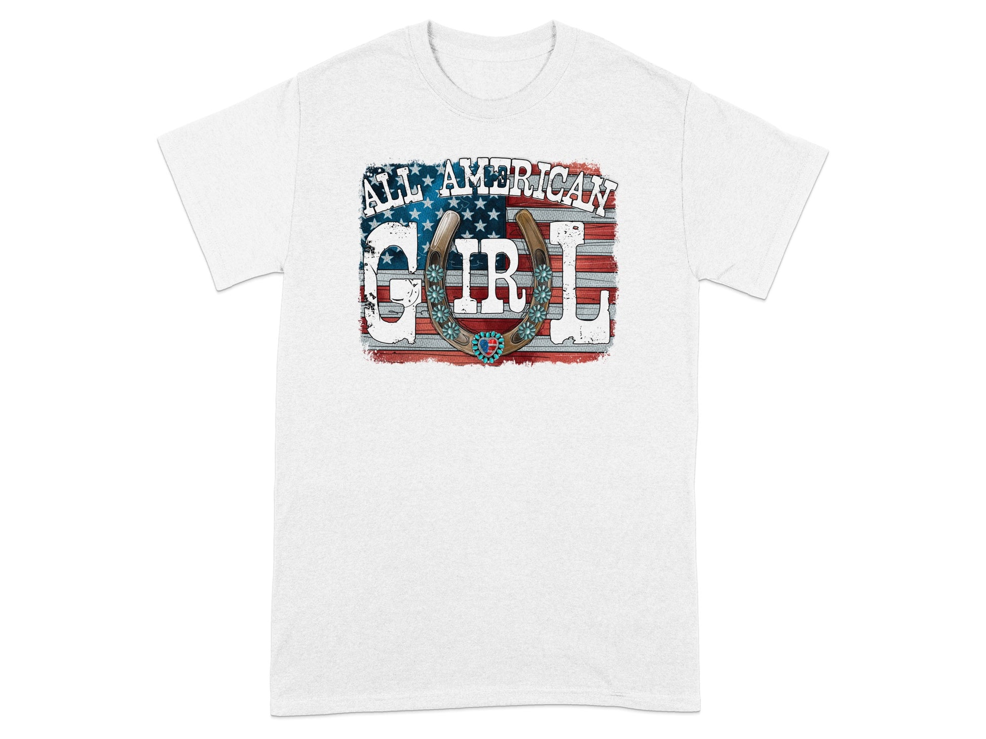 White t-shirt with "All American Girl" text and horseshoe design.