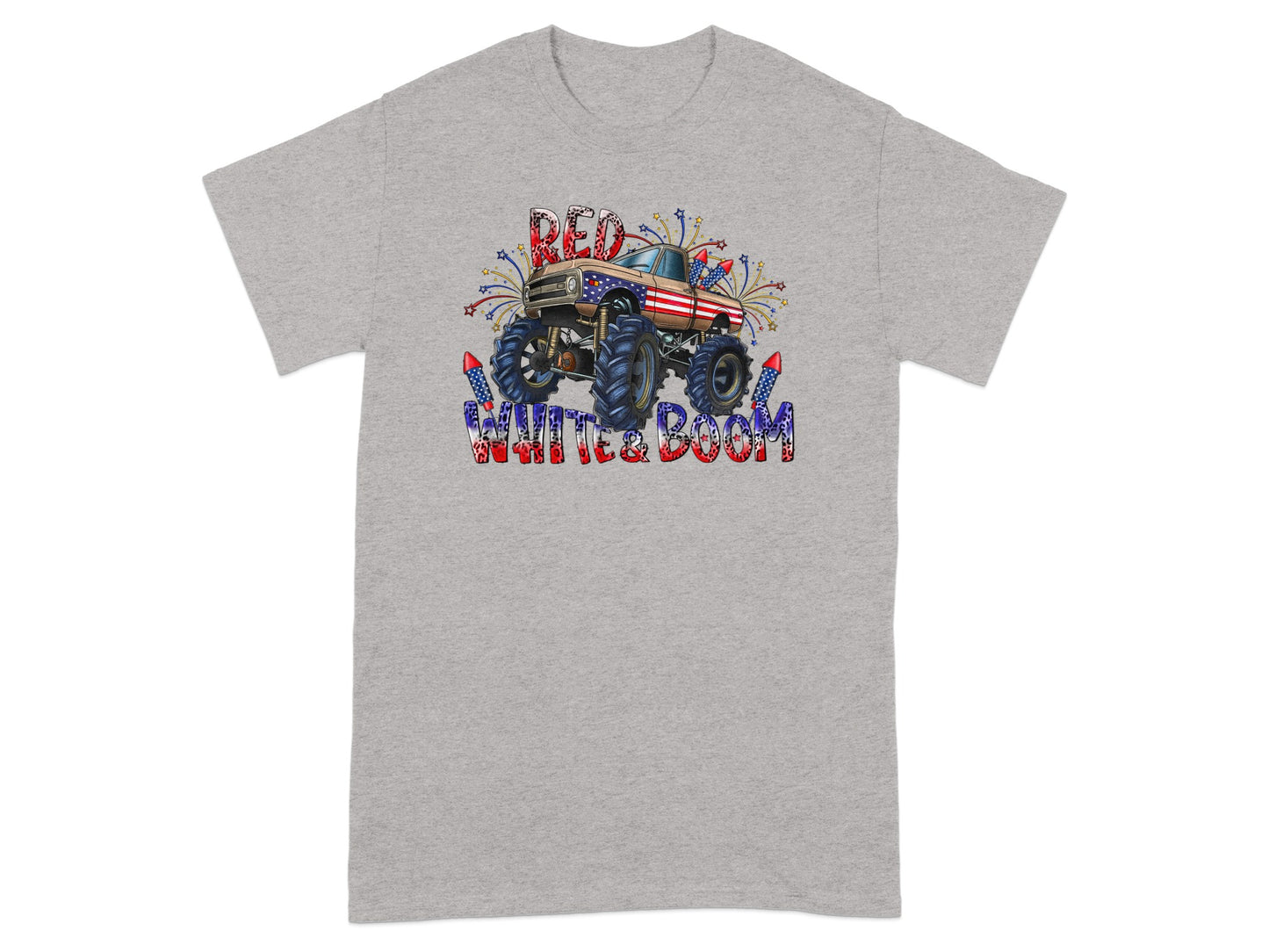 Red, white, and boom monster truck with fireworks on a grey t-shirt.