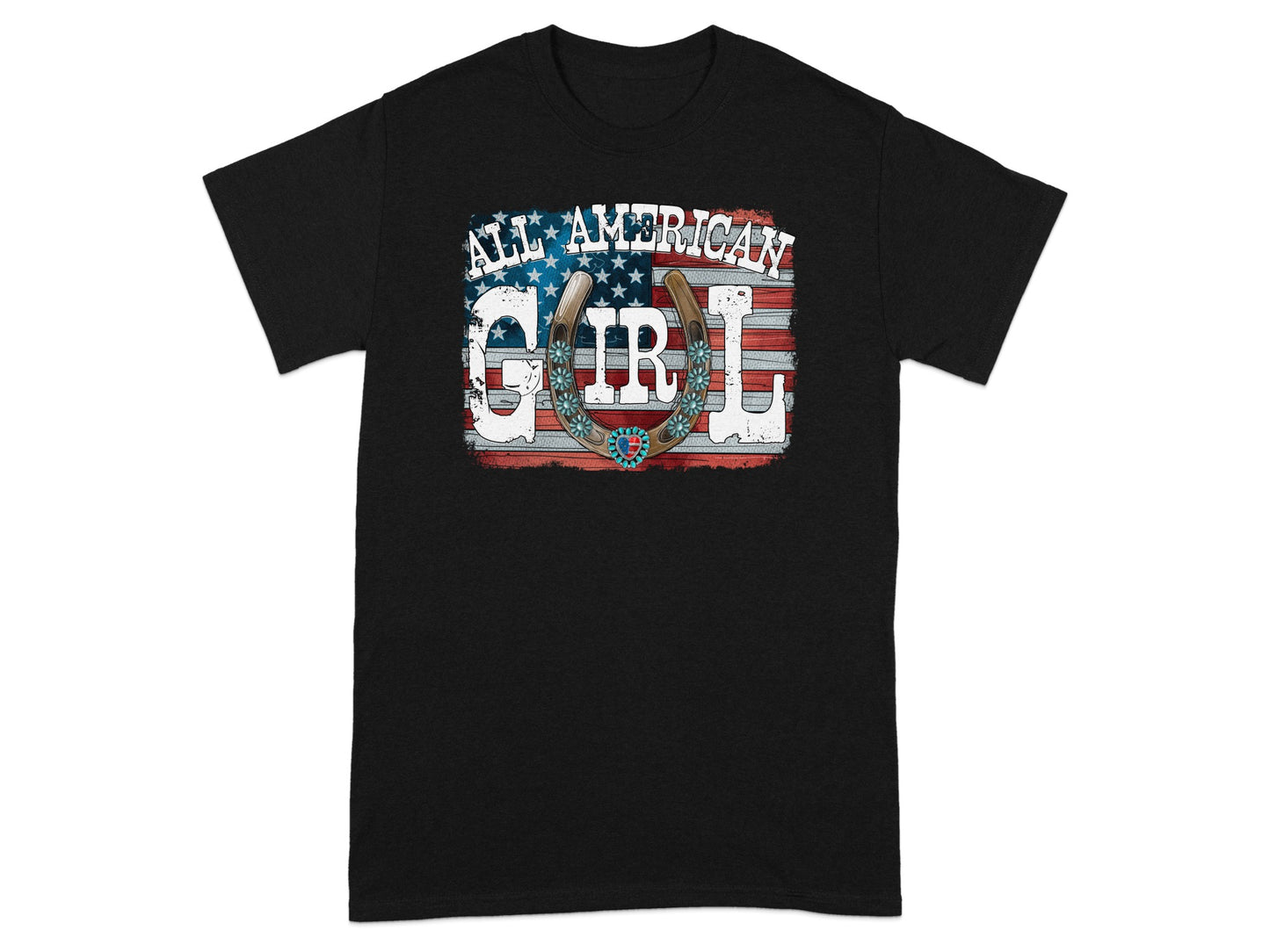 Black t-shirt with "ALL AMERICAN GIRL" and a horseshoe over the American flag.