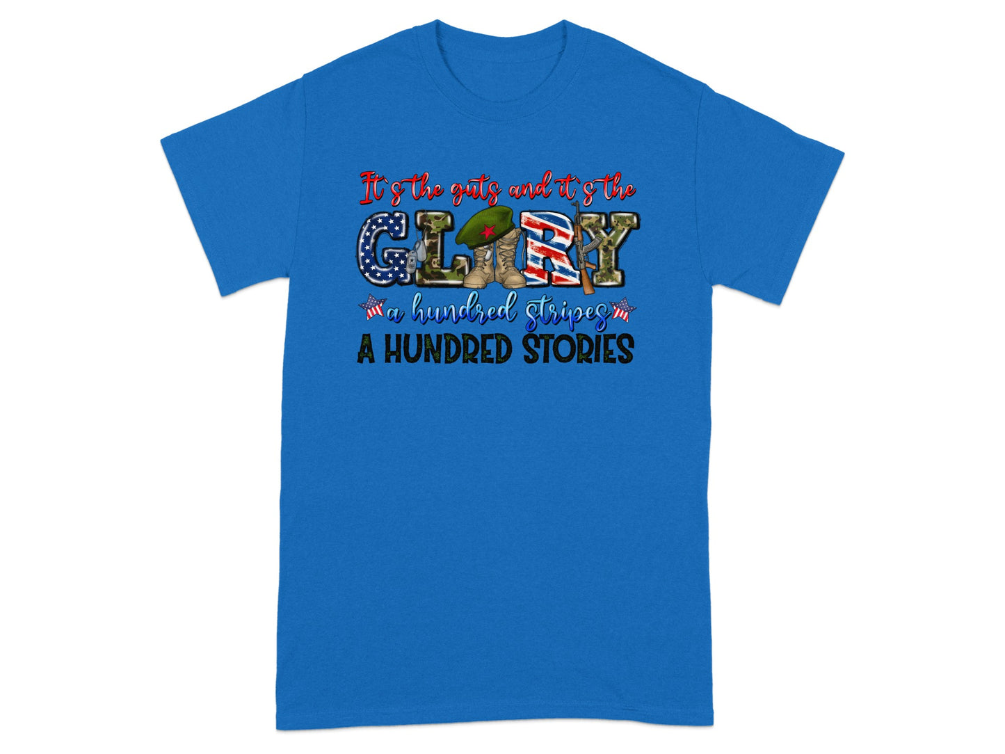 Blue t-shirt with "GLORY" text featuring military elements and patriotic designs.