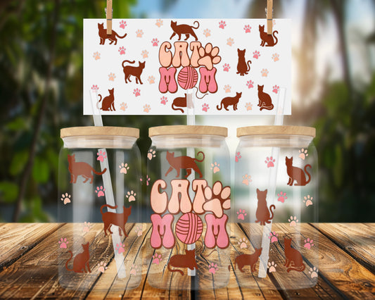 Cat Mom Design with Cute Paw Prints 16oz UVDTF Glass Can Wrap