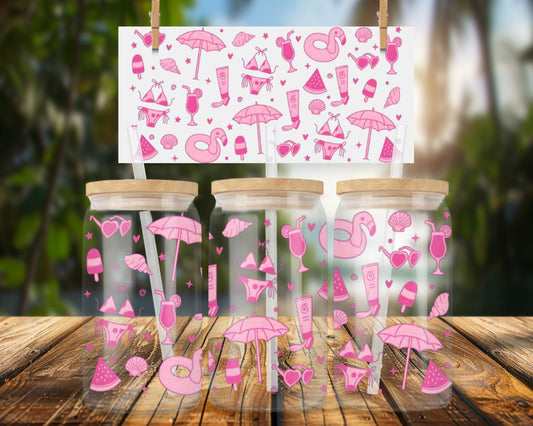 Fun Pink Summer Icons for 16oz UVDTF Glass Can Wrap