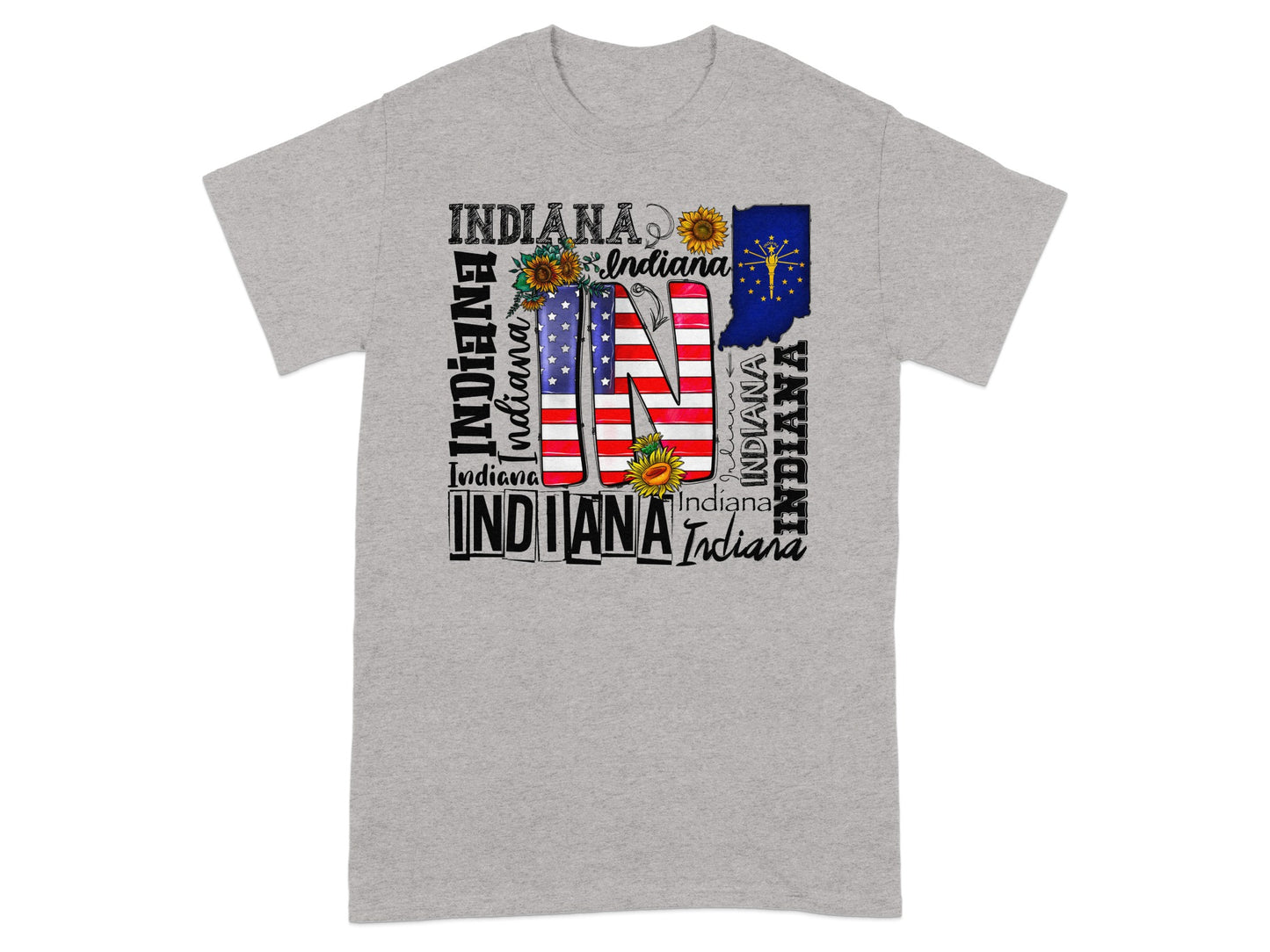 Collage of Indiana text, sunflowers, American flag, and state outline.