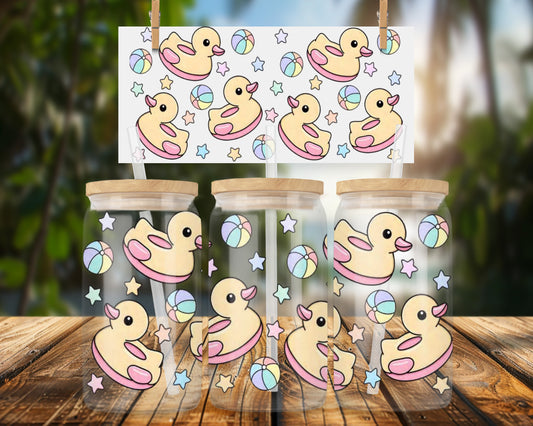Colorful Ducks and Stars 16oz UVDTF Glass Can Wrap