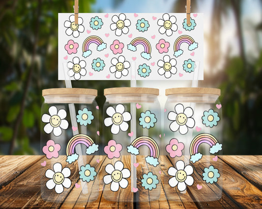 Smiley Flowers Rainbows Hearts 16oz UVDTF Glass Can Wrap