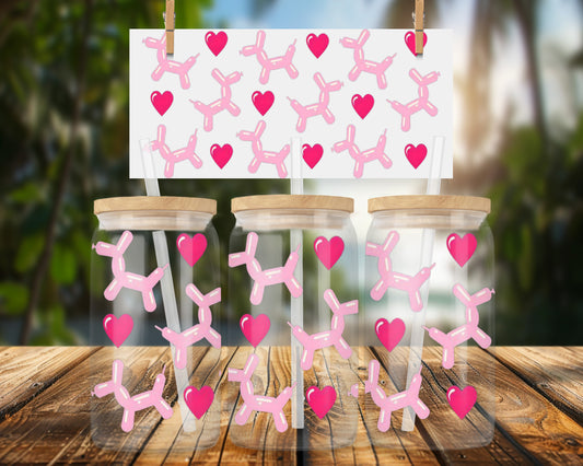 Fun Pink Balloon Dogs Hearts Pattern 16oz UVDTF Glass Can Wrap