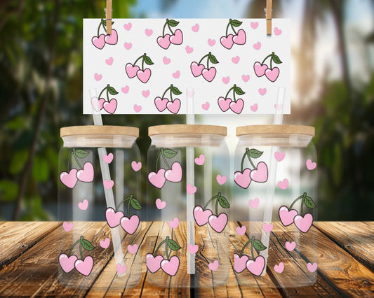 Pink Hearts and Cherries Design 16oz UVDTF Glass Can Wrap