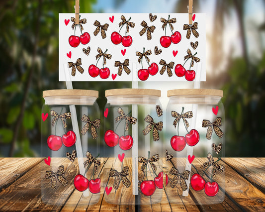Charming Cherries and Leopard Bows 16oz UVDTF Glass Can Wrap