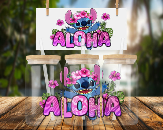 Cute Cartoon Character Aloha Theme 16oz UVDTF Glass Can Wrap