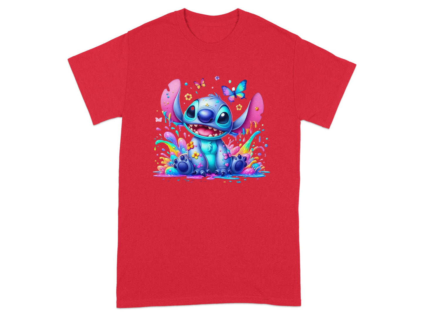 Stitch character sitting amidst colorful splashes and butterflies on a red t-shirt.