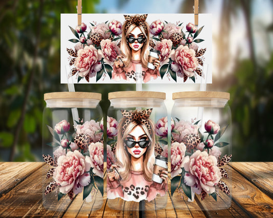 Stylish Girl with Coffee and Florals 16oz UVDTF Glass Can Wrap