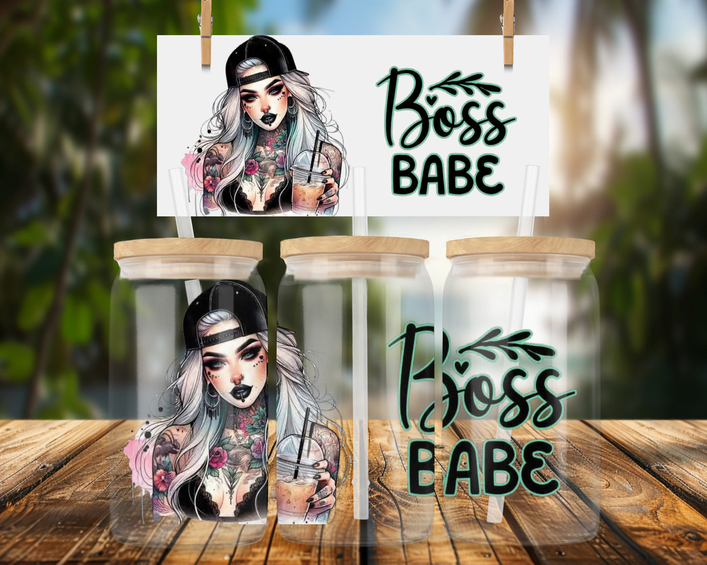 Edgy Boss Babe Tattooed Girl with Cap 16oz UVDTF Glass Can Wrap