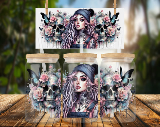 Edgy tattooed girl with butterflies and skulls 16oz UVDTF Glass Can Wrap