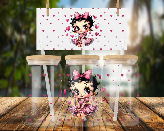 Adorable Cartoon Character with Hearts 16oz UVDTF Glass Can Wrap