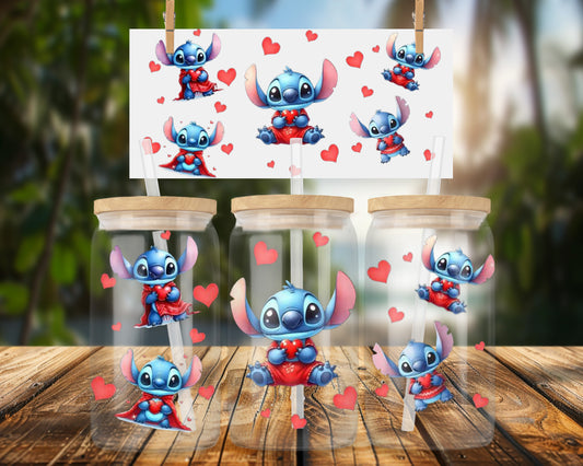 Adorable Baby Blue Character with Hearts 16oz UVDTF Glass Can Wrap