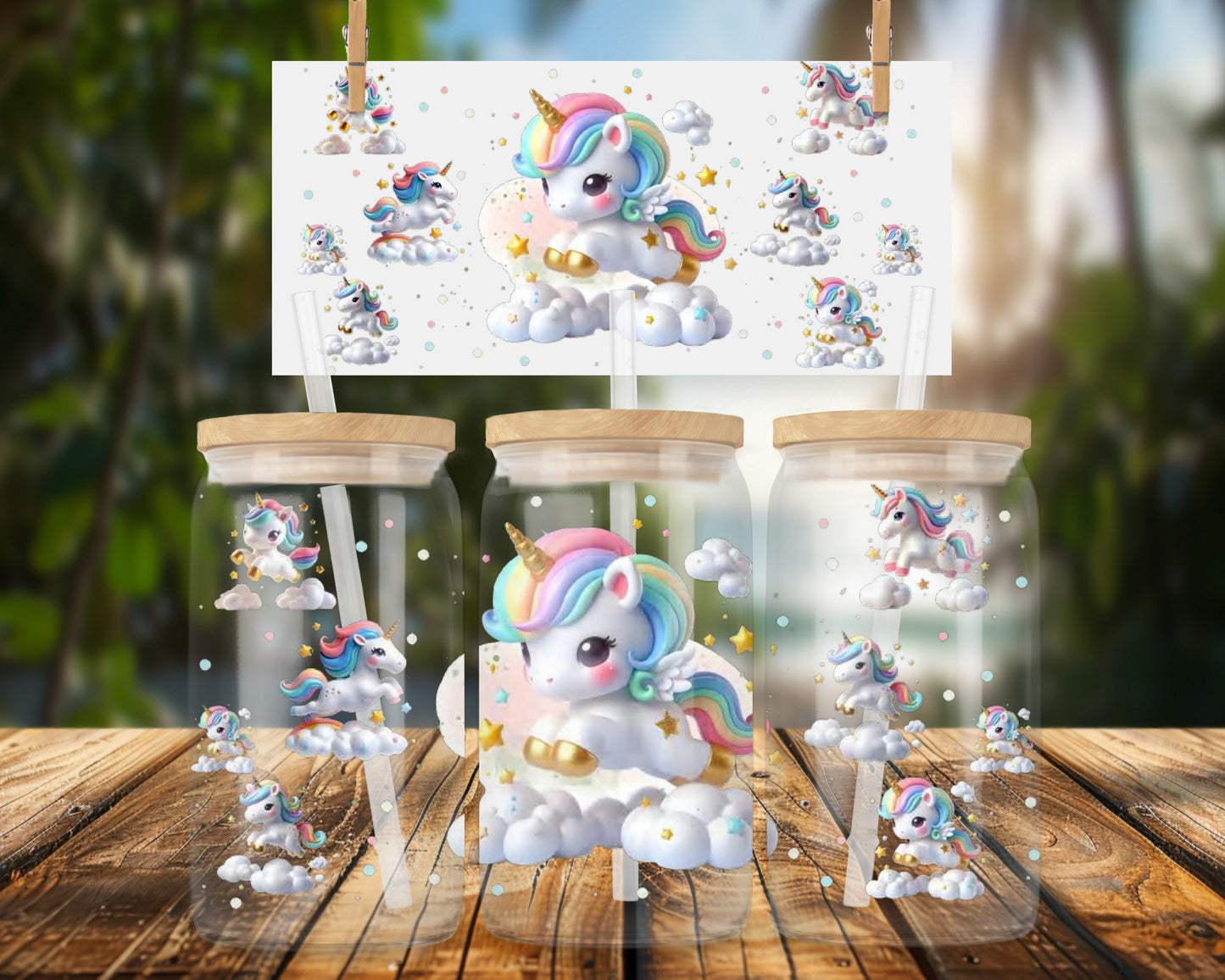 Cute Unicorn with Stars and Clouds 16oz UVDTF Glass Can Wrap