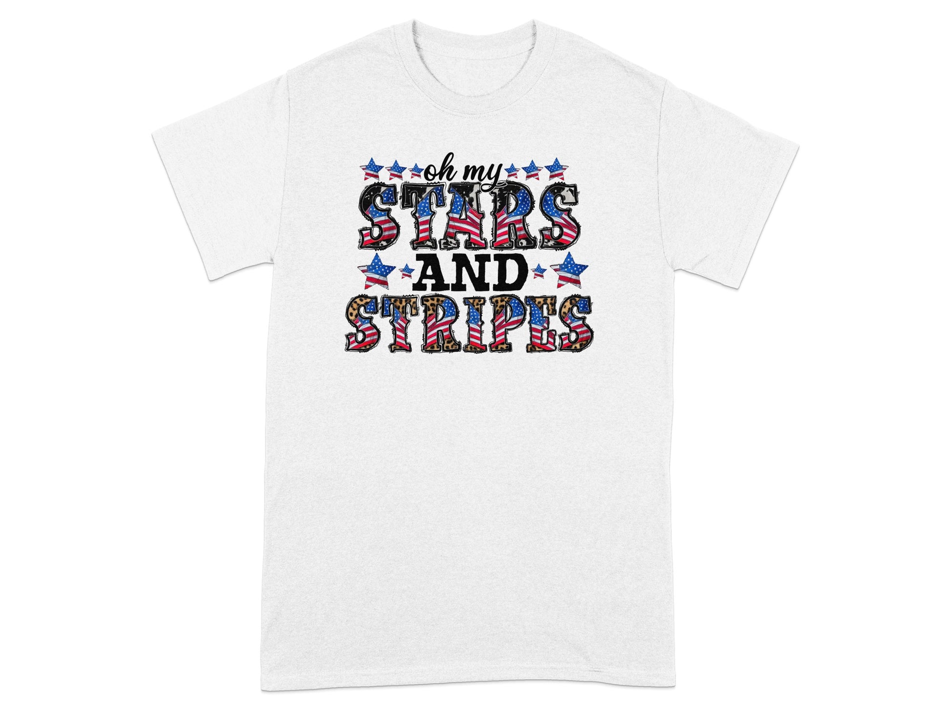 White t-shirt with "oh my STARS AND STRIPES" graphic in patriotic colors and patterns.