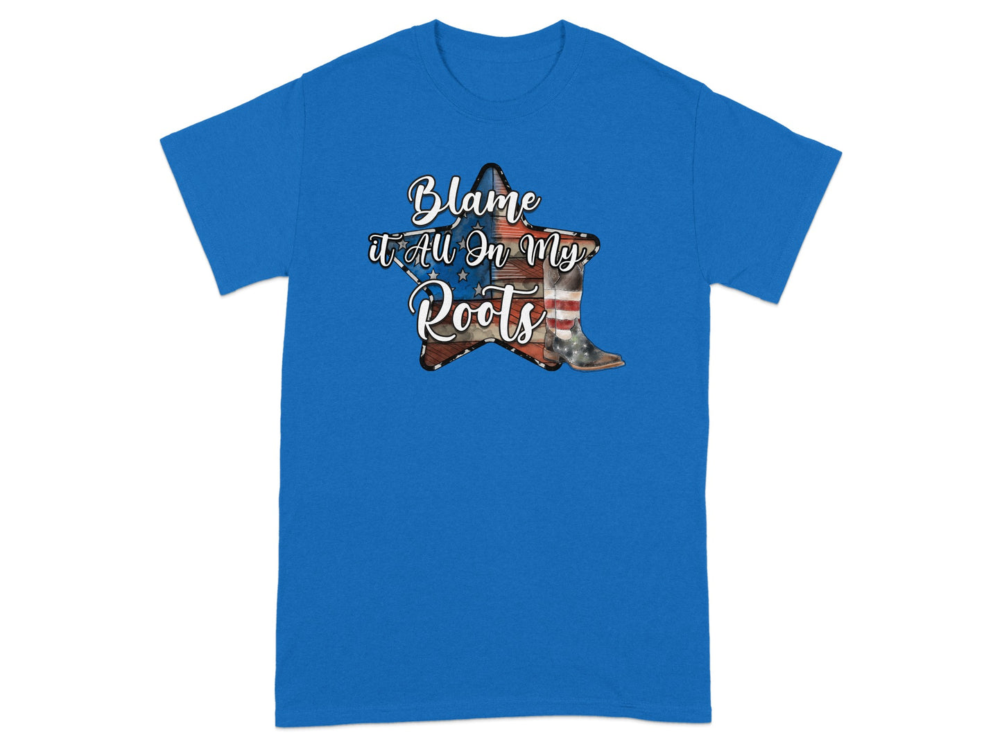 Blue t-shirt with "Blame it All On My Roots" text and American flag boot graphic.