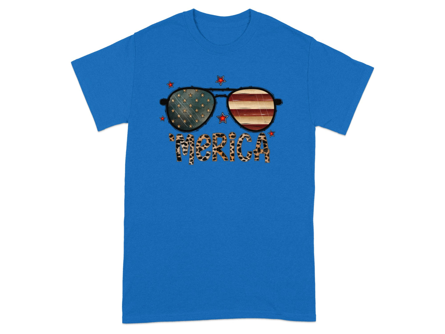 Blue t-shirt with sunglasses graphic and leopard print "Merica" text.